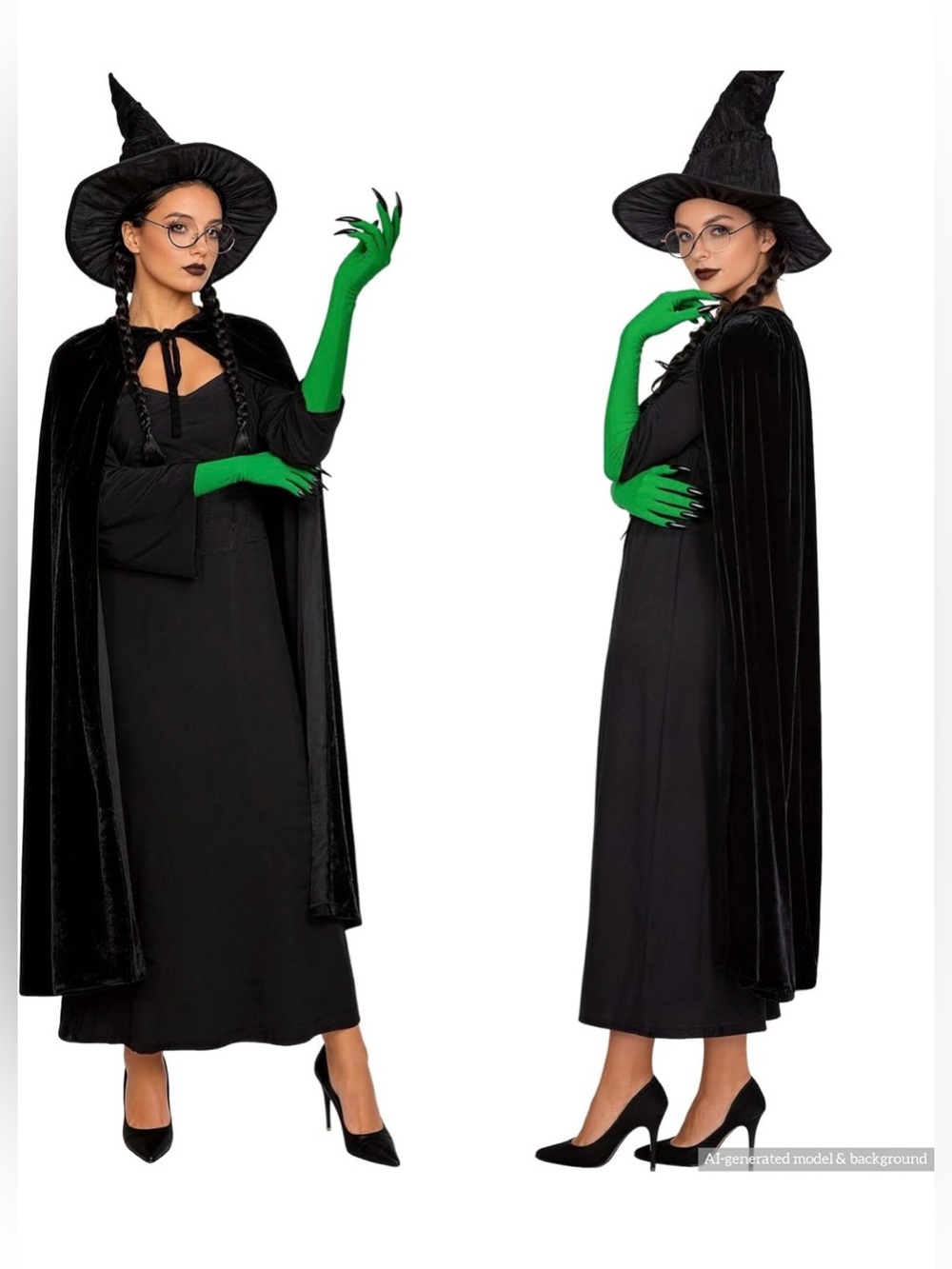 Witch Costume Cape Dress and Hat Set with Green Gloves